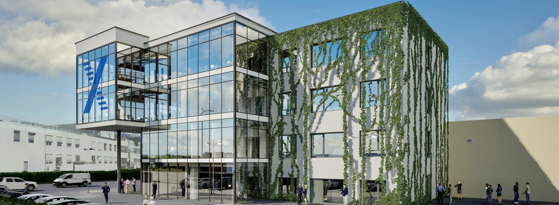 The image depicts a modern commercial building with glass and greenery. People and vehicles are visible outside.