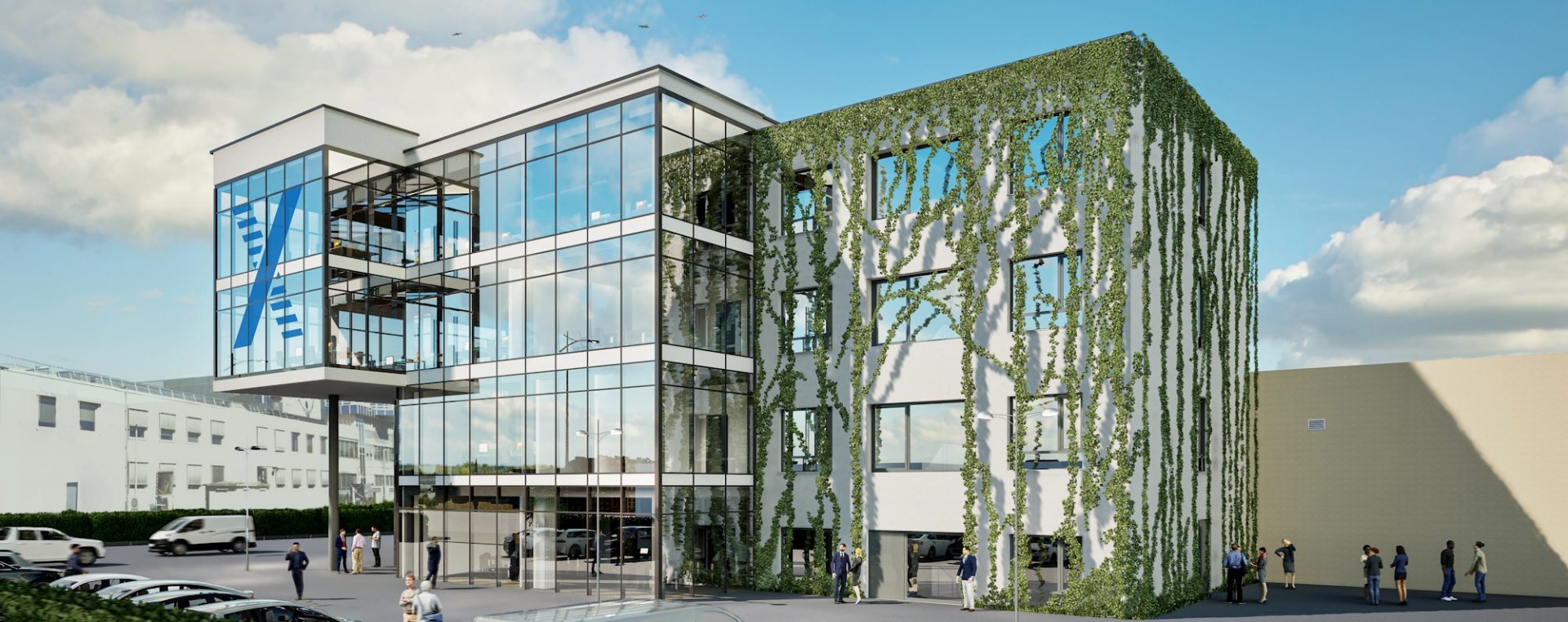 The image depicts a modern commercial or office building with a glass facade and vertical greenery. The structure has multiple floors and is surrounded by a parking area with cars. There are people walking near the building, and the sky is clear with some clouds.