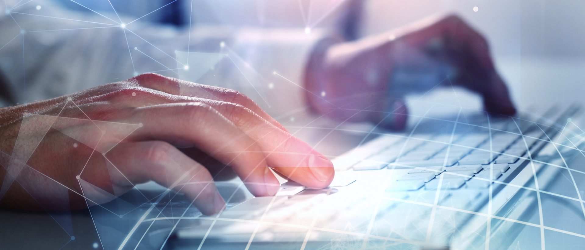 The image shows a person's hands typing on a computer keyboard. There are abstract digital lines and network-like patterns overlaying the image, suggesting a concept related to technology, networking, or digital communication.